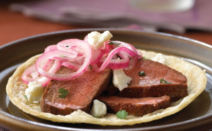 Adobo Beef Tacos with Pickled Red Onions