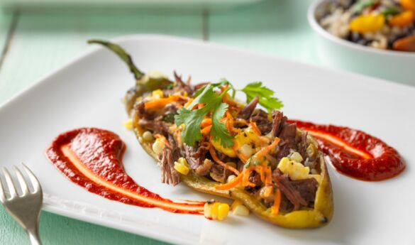 Shredded Beef-Stuffed Chile Relleno With Guajillo Chile Sauce